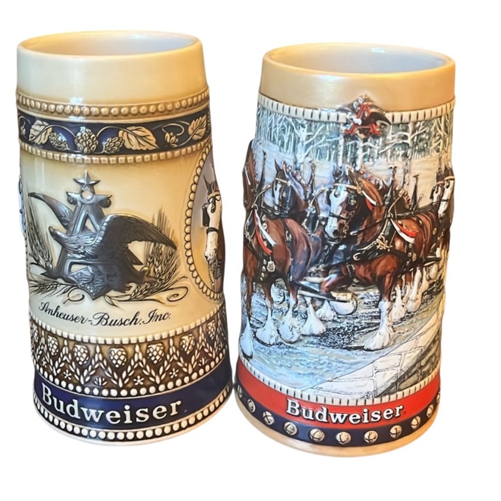 1988 Anheuser Busch Budweiser Bud Holiday Christmas Beer Steins Clydesdales